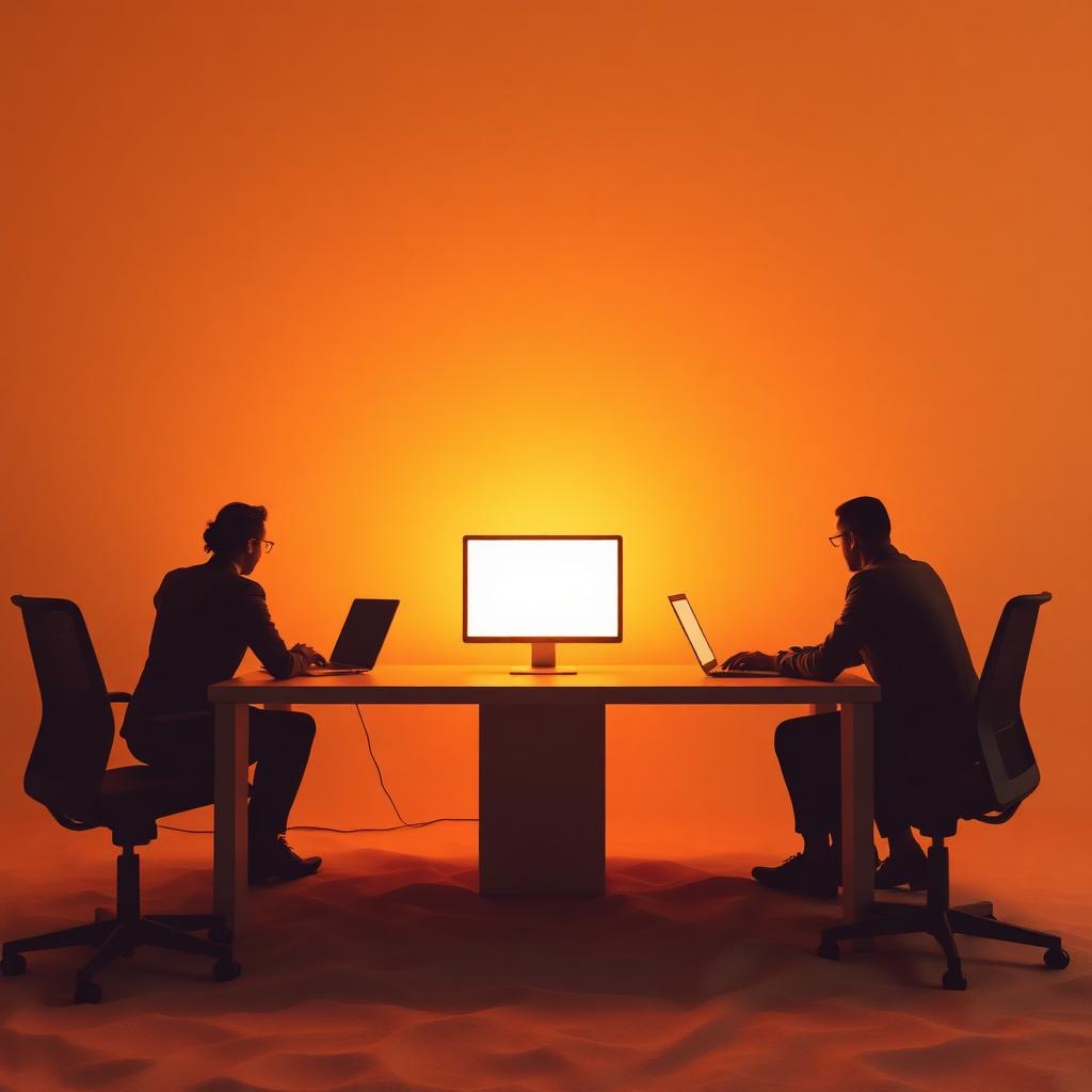 Two silhouettes at a terminal with warm glow, editorial illustration
