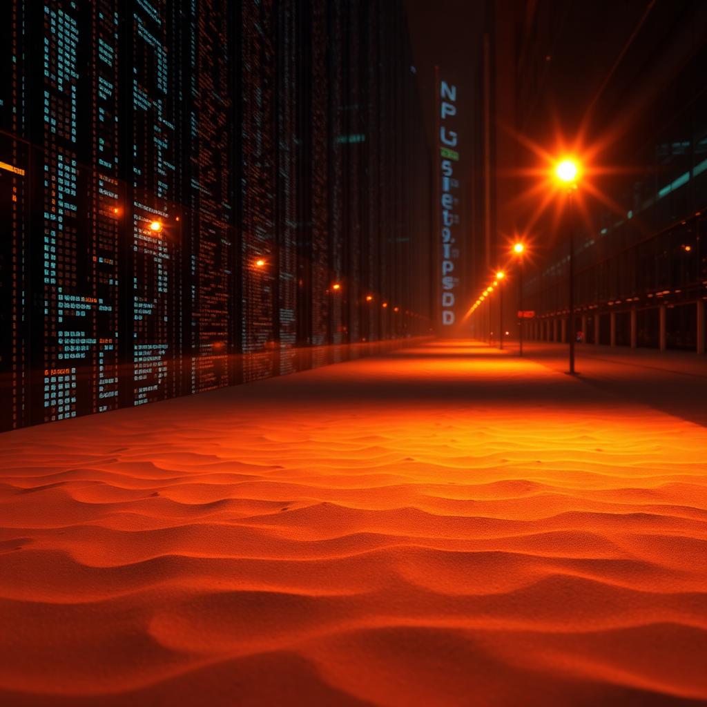 Hedge fund research floor at night, editorial illustration