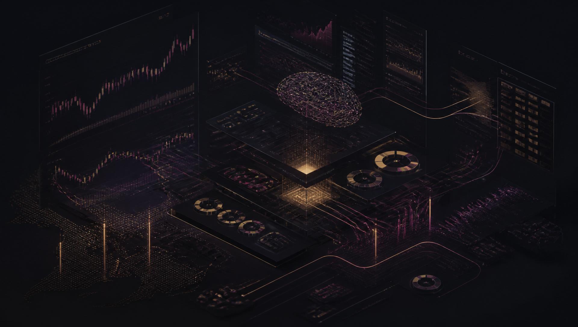 Isometric visualisation of a financial AI operating system — dashboards, order flow, risk gauges and a neural mesh