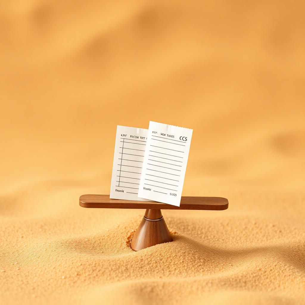 Balanced scale with KYC documents, editorial illustration