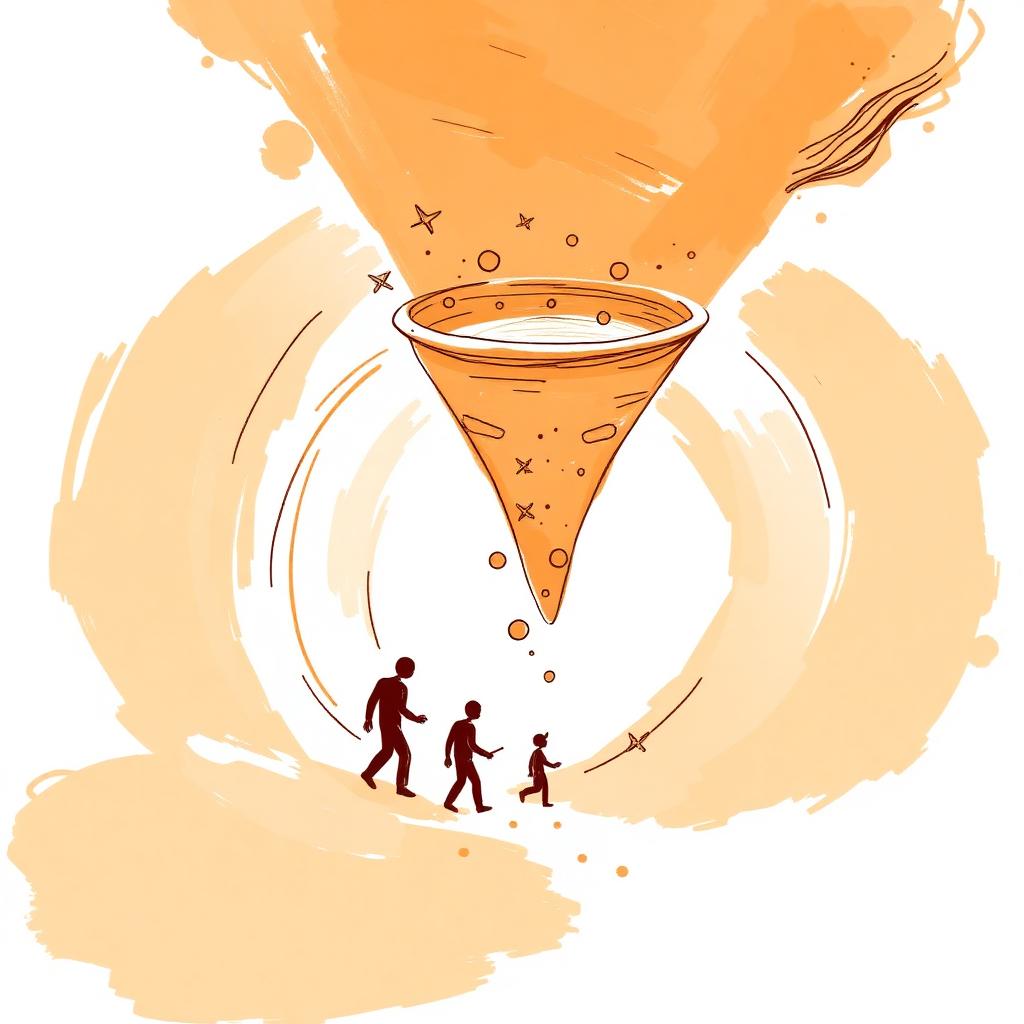 Funnel with traders flowing through, editorial illustration