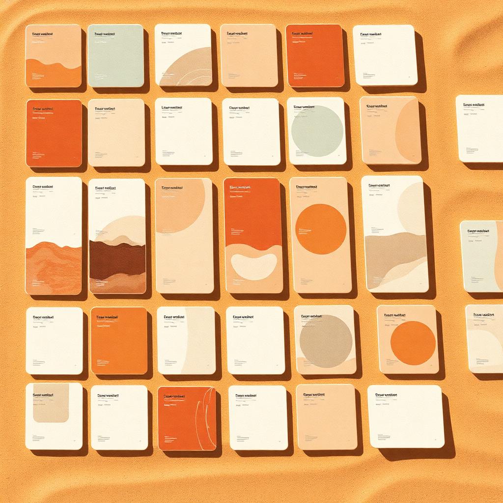 Grid of vendor scorecards on warm sand, editorial illustration